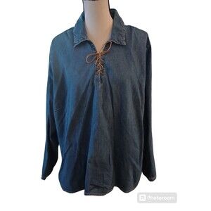Relativity Denim Shirt Leather Lace Up Long Sleeve Hippie Boho Plus Size 3X